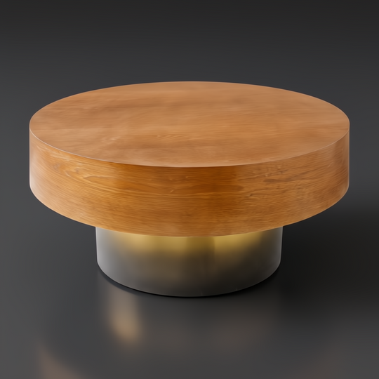 Surya Russula 36" round coffee table with dark brown oak veneer top and metallic gold ombre iron base.