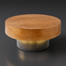 Surya Russula 36" round coffee table with dark brown oak veneer top and metallic gold ombre iron base.