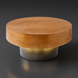 Surya Russula 36" round coffee table with dark brown oak veneer top and metallic gold ombre iron base.