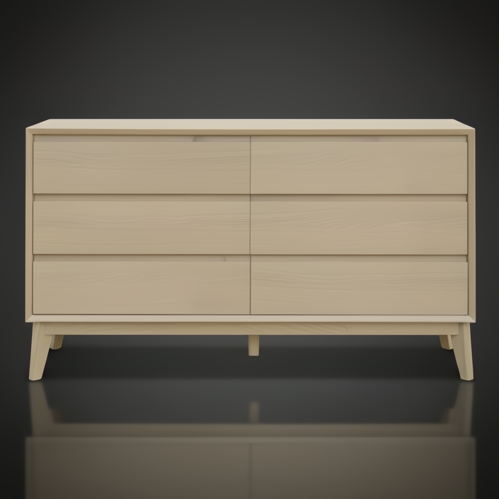 Light brown oak Pryce dresser with six drawers and mid-century modern design.