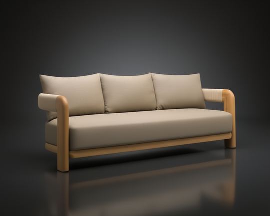 Surya Palma outdoor sofa with light beige Sunbrella upholstery, teak wood frame, and PE rope arm detail.