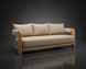 Surya Palma outdoor sofa with light beige Sunbrella upholstery, teak wood frame, and PE rope arm detail.