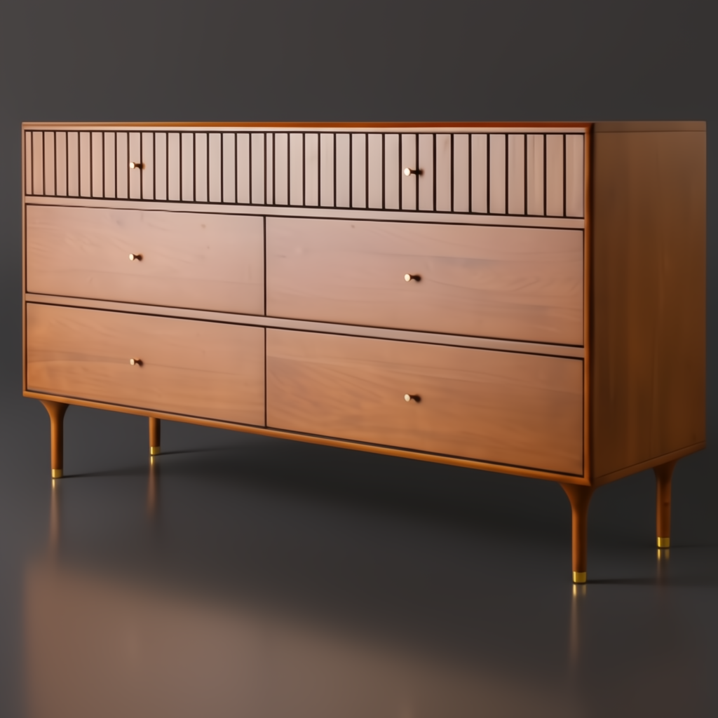 Madri 62" wide brown dresser with minimalist modern design, fluted top drawers, and gold hardware.
