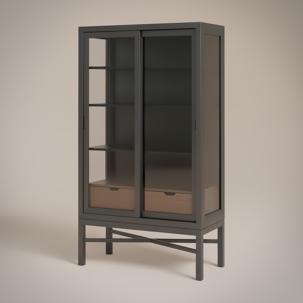 Tall black and brown Marin bookcase with glass sliding doors, adjustable shelves, and two soft-close drawers.