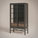 Tall black and brown Marin bookcase with glass sliding doors, adjustable shelves, and two soft-close drawers.