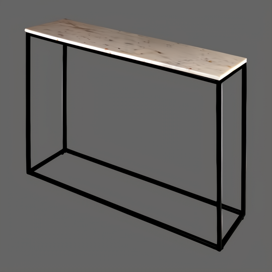 Surya Aryaa Console Table with white natural marble top and black powder-coated iron base.
