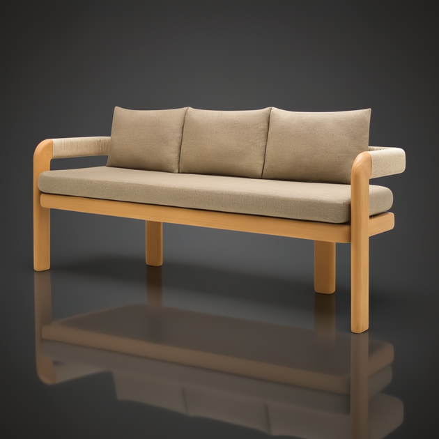 Surya Palma outdoor bench with beige Sunbrella cushions, brushed teak wood base, and rope-wrapped arms.