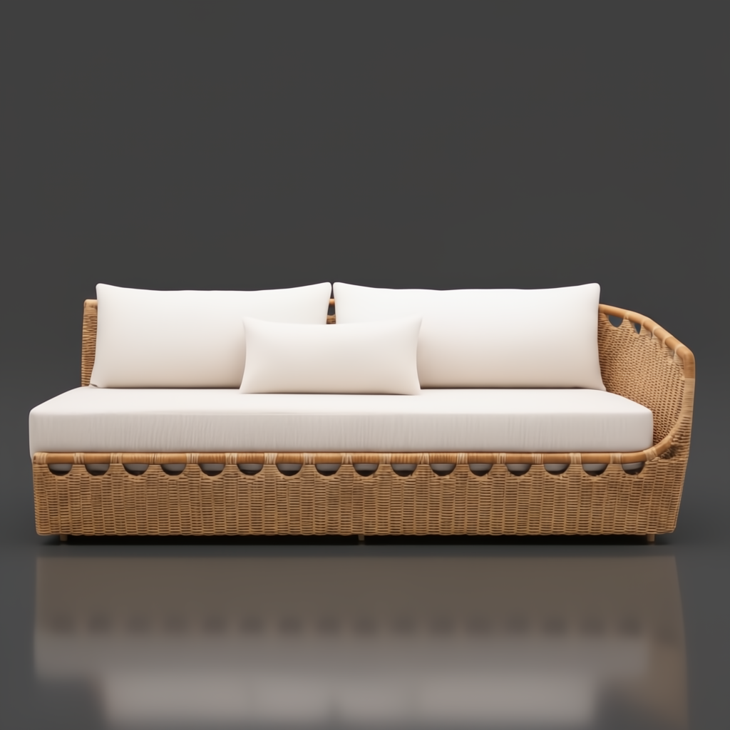 Marvella Sectional Right Arm sofa with light beige cushions and a natural woven rattan base.