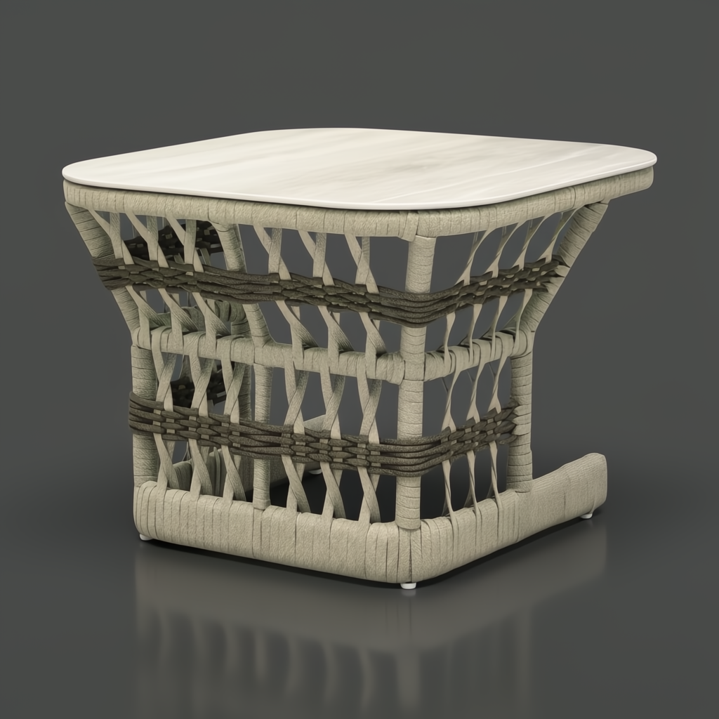 Cream outdoor end table with a square top, aluminum base, and handwoven PE rope detail.