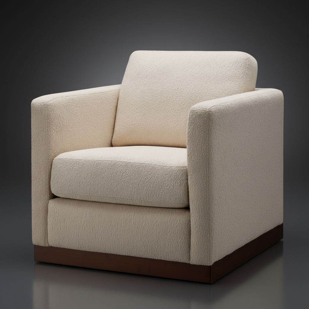 Beige polyester swivel chair with structured silhouette, squared arms, and a dark brown wood base.