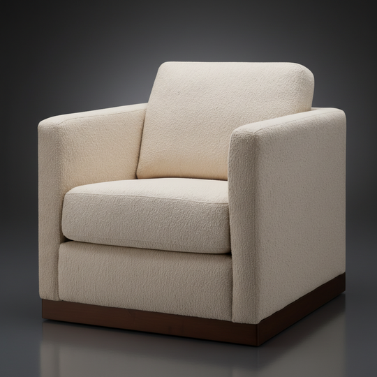 Beige polyester swivel chair with structured silhouette, squared arms, and a dark brown wood base.