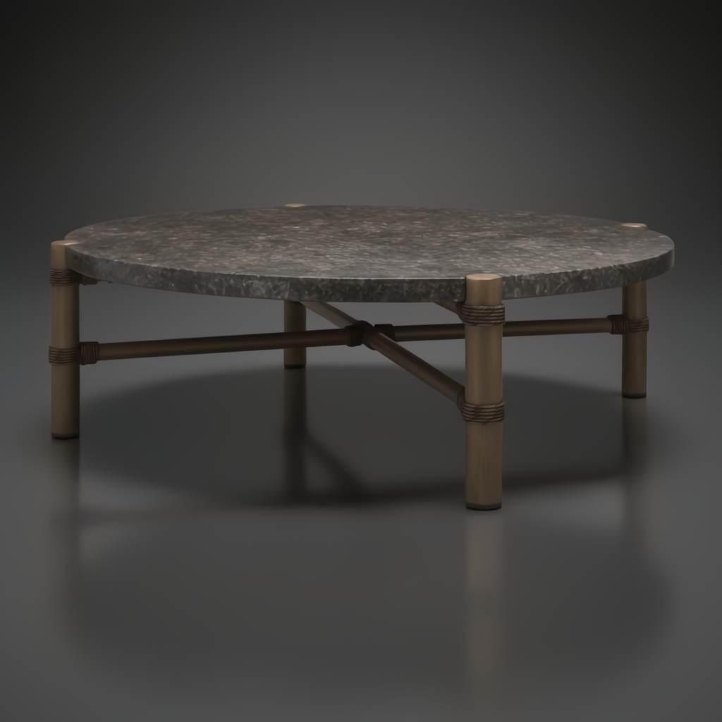 Round Surya Porta outdoor coffee table with charcoal matte stone top, brown aluminum base, and PE rope detail.