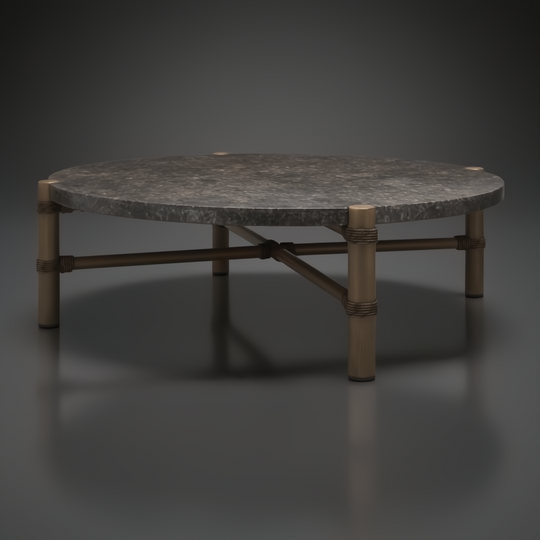 Round Surya Porta outdoor coffee table with charcoal matte stone top, brown aluminum base, and PE rope detail.