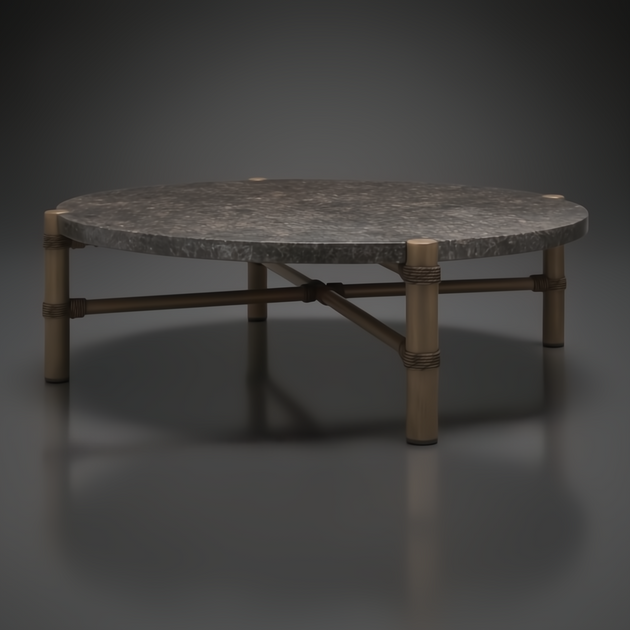 Round Surya Porta outdoor coffee table with charcoal matte stone top, brown aluminum base, and PE rope detail.