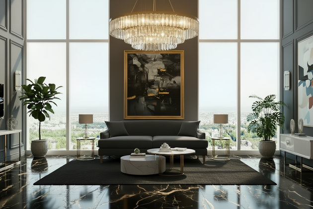 Traditional Surya Maywood sofa in dark grey polyester with dark brown rubber wood base in a modern living room.