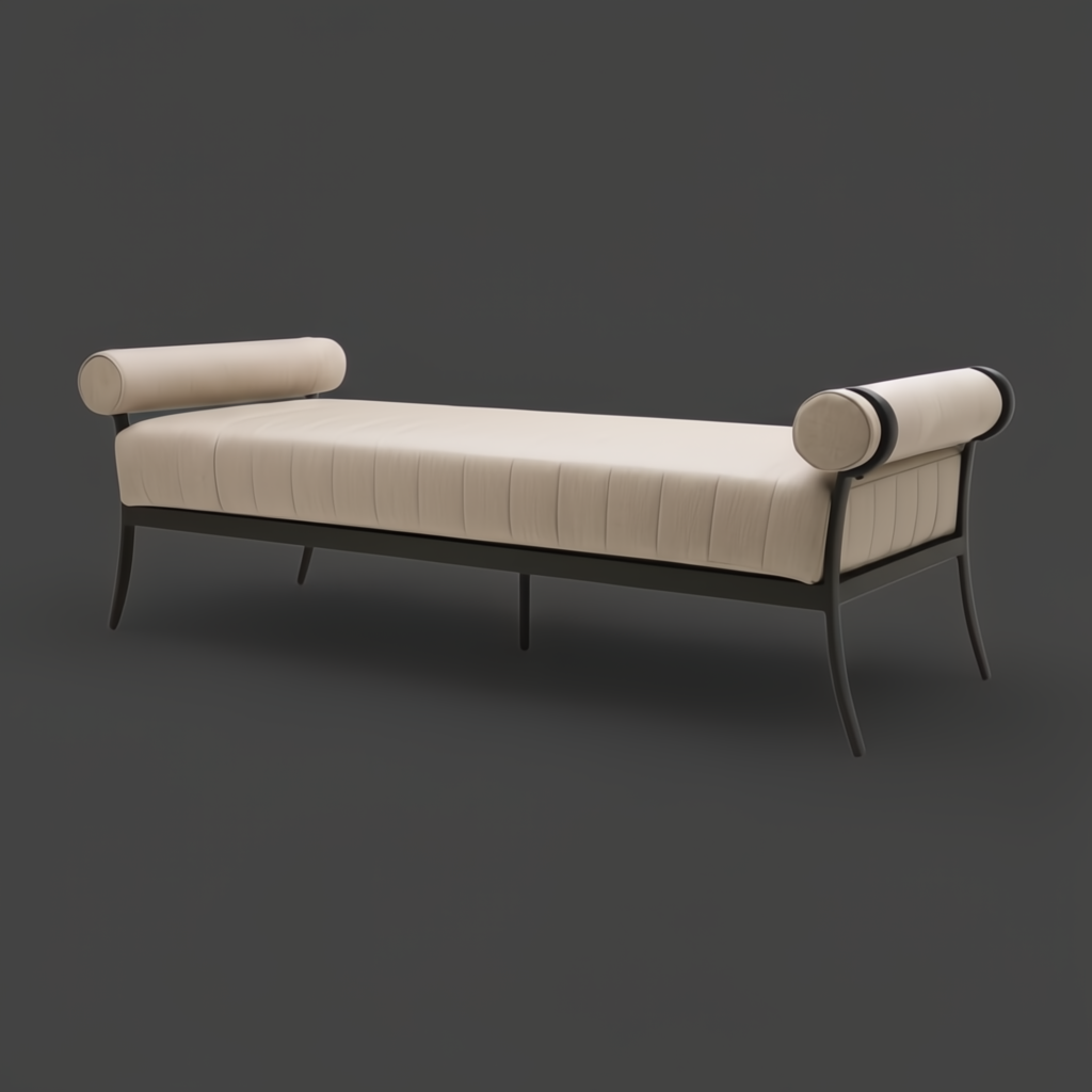 Surya Antibes outdoor bench with a long beige Sunbrella cushion, quick-dry foam, and black aluminum base.