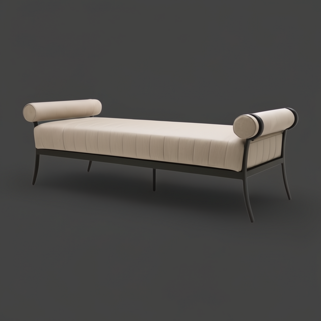 Surya Antibes outdoor bench with a long beige Sunbrella cushion, quick-dry foam, and black aluminum base.