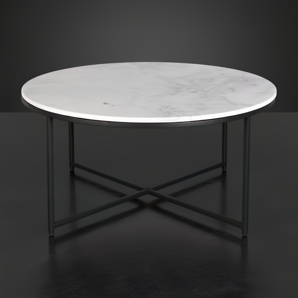Surya Anastasia round coffee table with white natural marble top and black matte iron base.