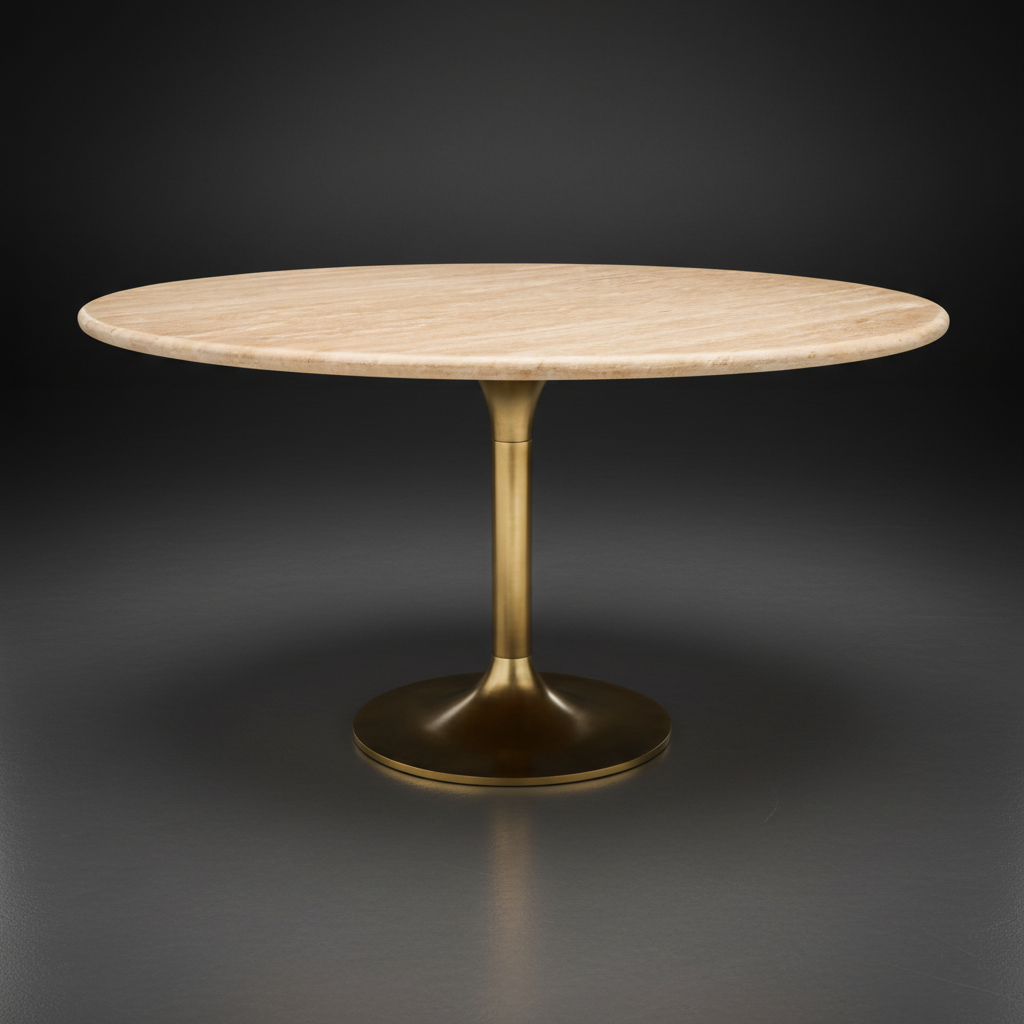 Surya Anatalia 55" round dining table with cream polished travertine top and gold brushed brass iron base.