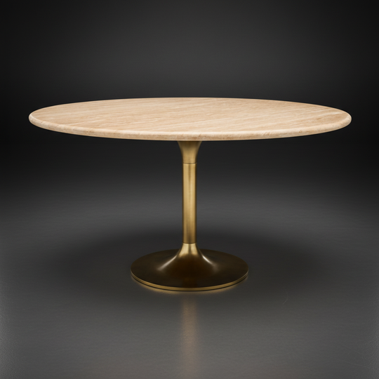 Surya Anatalia 55" round dining table with cream polished travertine top and gold brushed brass iron base.