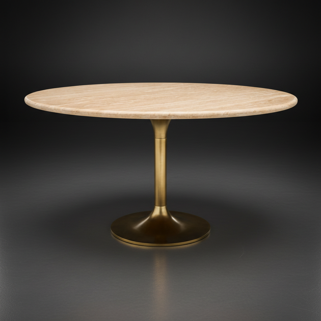 Surya Anatalia 55" round dining table with cream polished travertine top and gold brushed brass iron base.