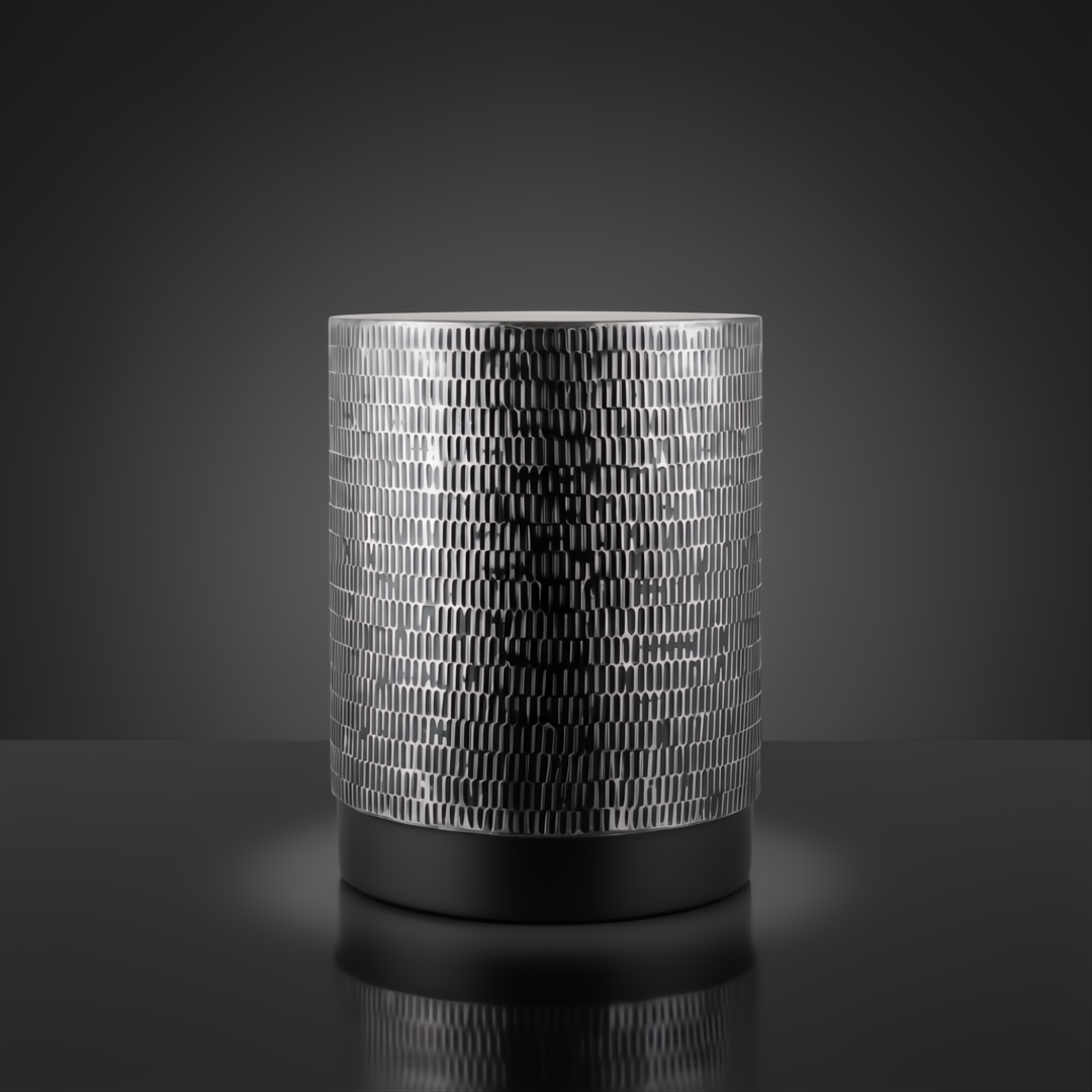 Surya Amenet End Table with silver gray hammered iron top and black base.