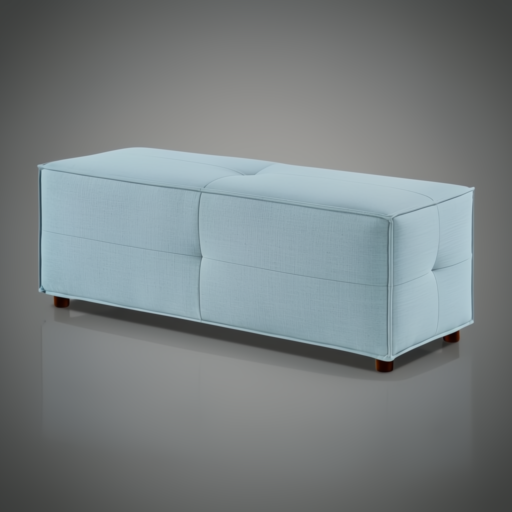 Light blue upholstered Surya Andra Ottoman bench with button tufting and wood feet.