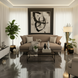 Surya Maywood light brown polyester sofa with rubber wood base in a modern living room.