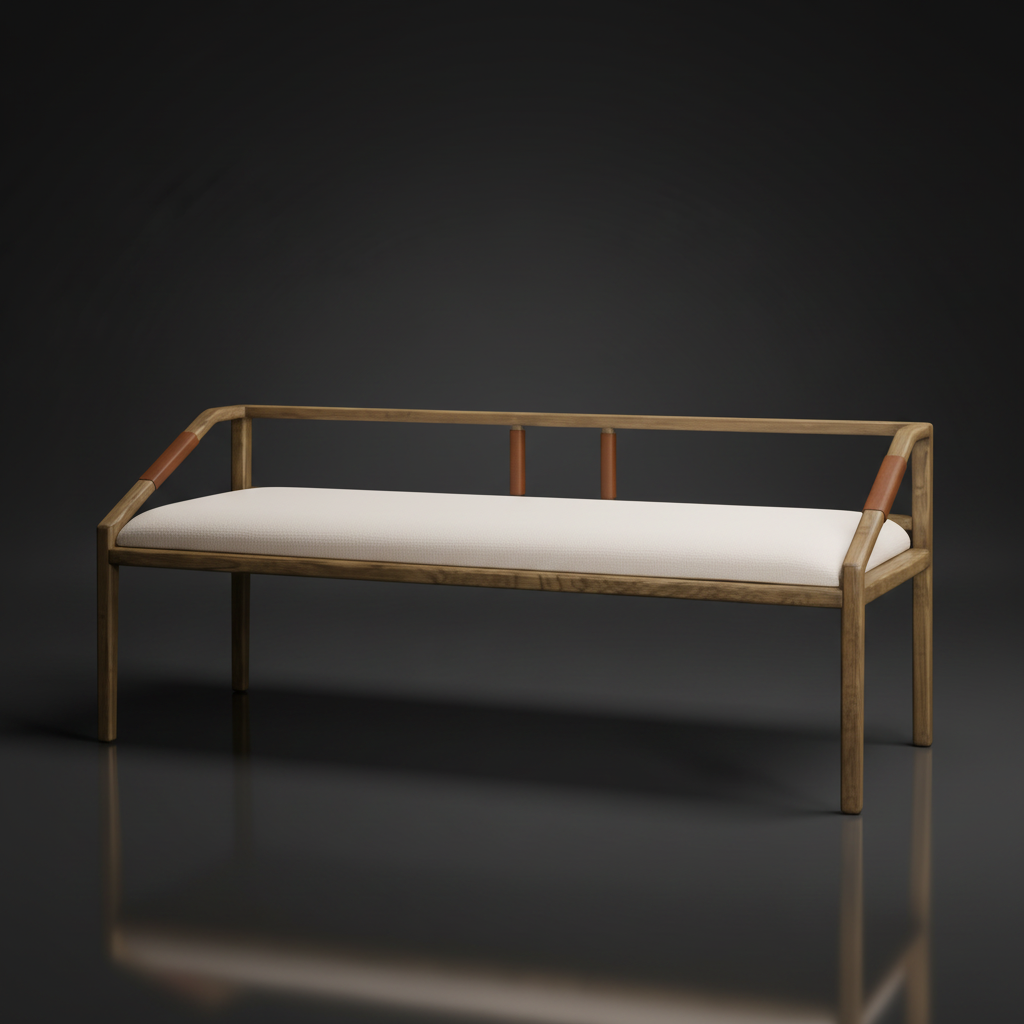 Surya Atra bench with light beige upholstered seat, brown stained red oak frame, and leather cord wrap details.