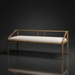 Surya Atra bench with light beige upholstered seat, brown stained red oak frame, and leather cord wrap details.