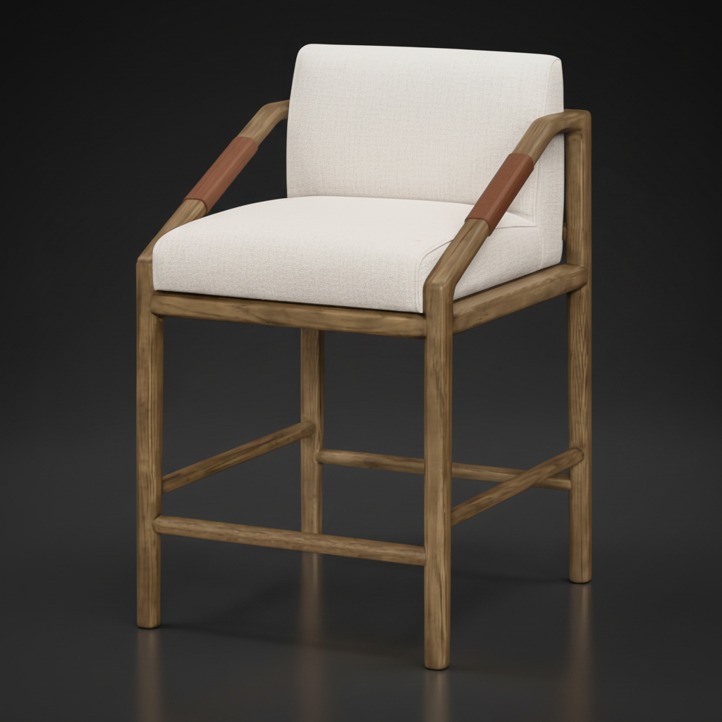 Surya Atra counter stool with light beige upholstery, brown red oak frame, and leather cord arm wraps.