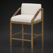 Surya Atra counter stool with light beige upholstery, brown red oak frame, and leather cord arm wraps.