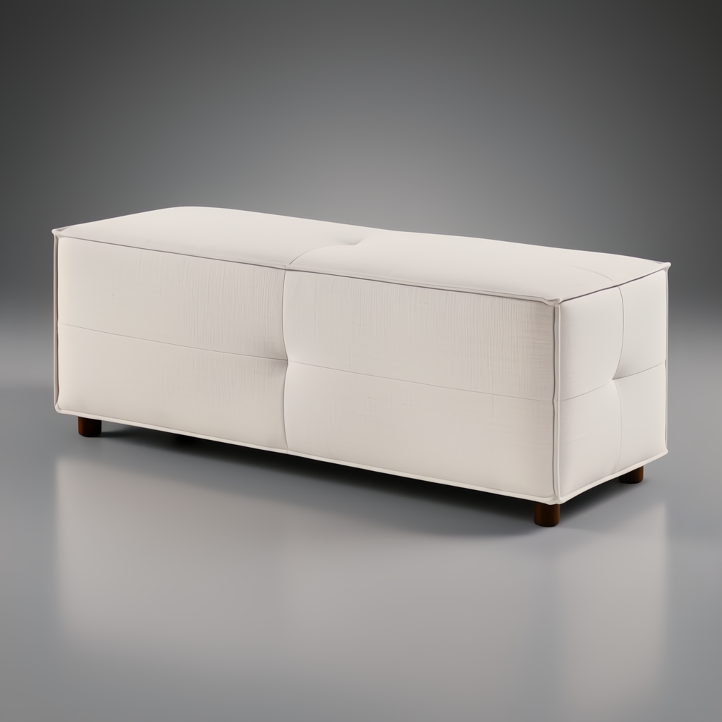 Surya Andra Ottoman, a long rectangular off-white polyester bench with tufted details and short wooden legs.