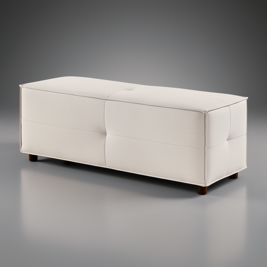 Surya Andra Ottoman, a long rectangular off-white polyester bench with tufted details and short wooden legs.