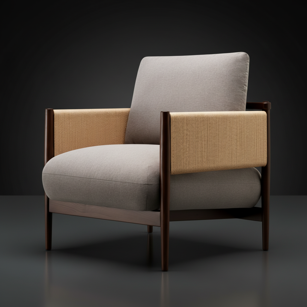 Surya Brielle accent chair with light gray polyester upholstery, dark wood frame, and camel woven armrests.
