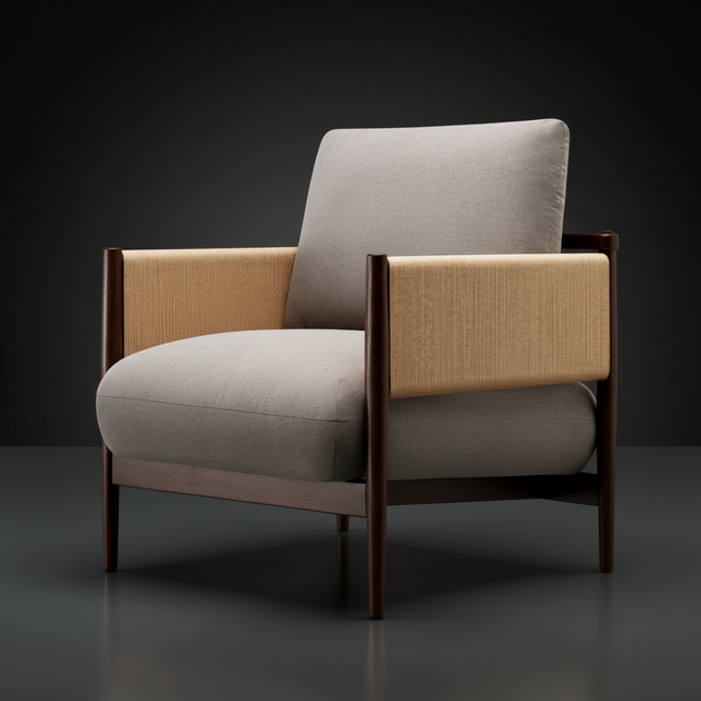 Surya Brielle accent chair with light gray polyester upholstery, dark wood frame, and camel woven armrests.
