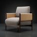 Surya Brielle accent chair with light gray polyester upholstery, dark wood frame, and camel woven armrests.