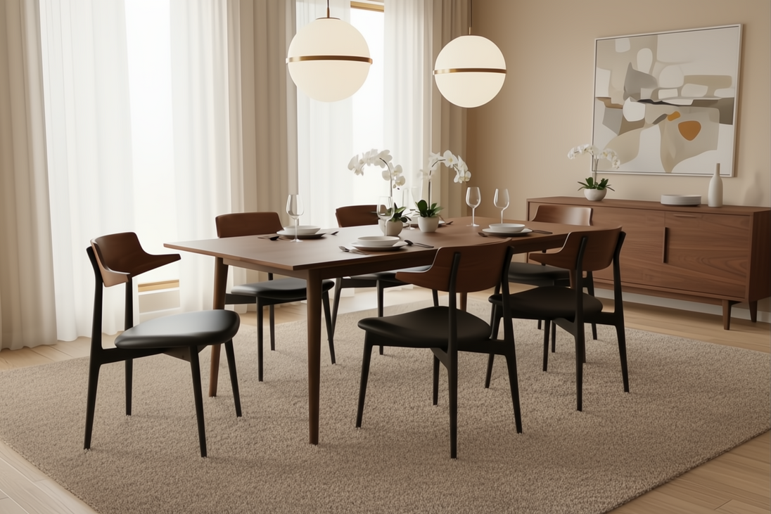 Surya Billings Dining Chairs with black faux leather and wood veneer, surrounding a dining table.