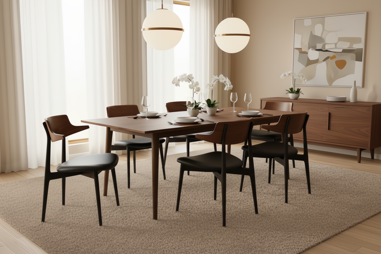 Surya Billings Dining Chairs with black faux leather and wood veneer, surrounding a dining table.