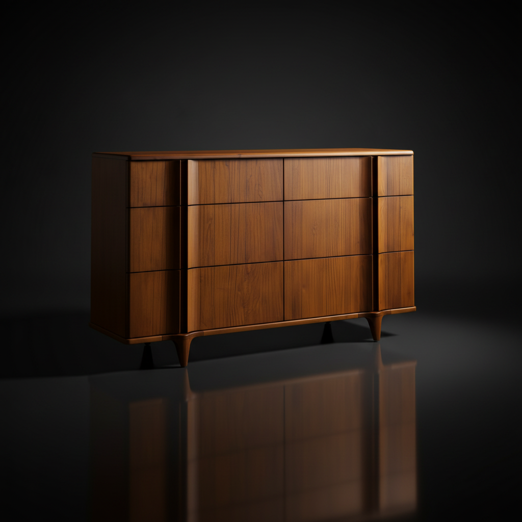 Grande Collection brown stained poplar dresser with six drawers and minimalist modern design.