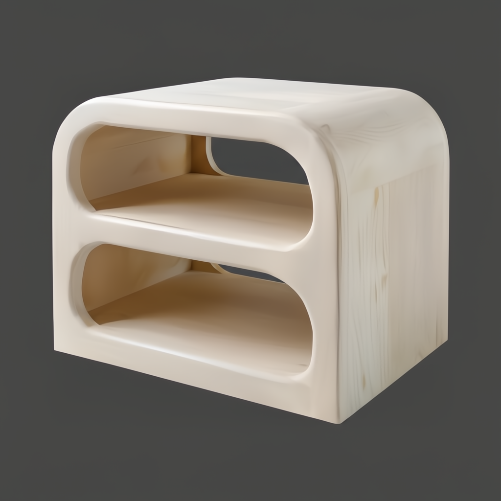 Ivory mango wood end table with two open shelves and rounded edges, showcasing a bohemian design.