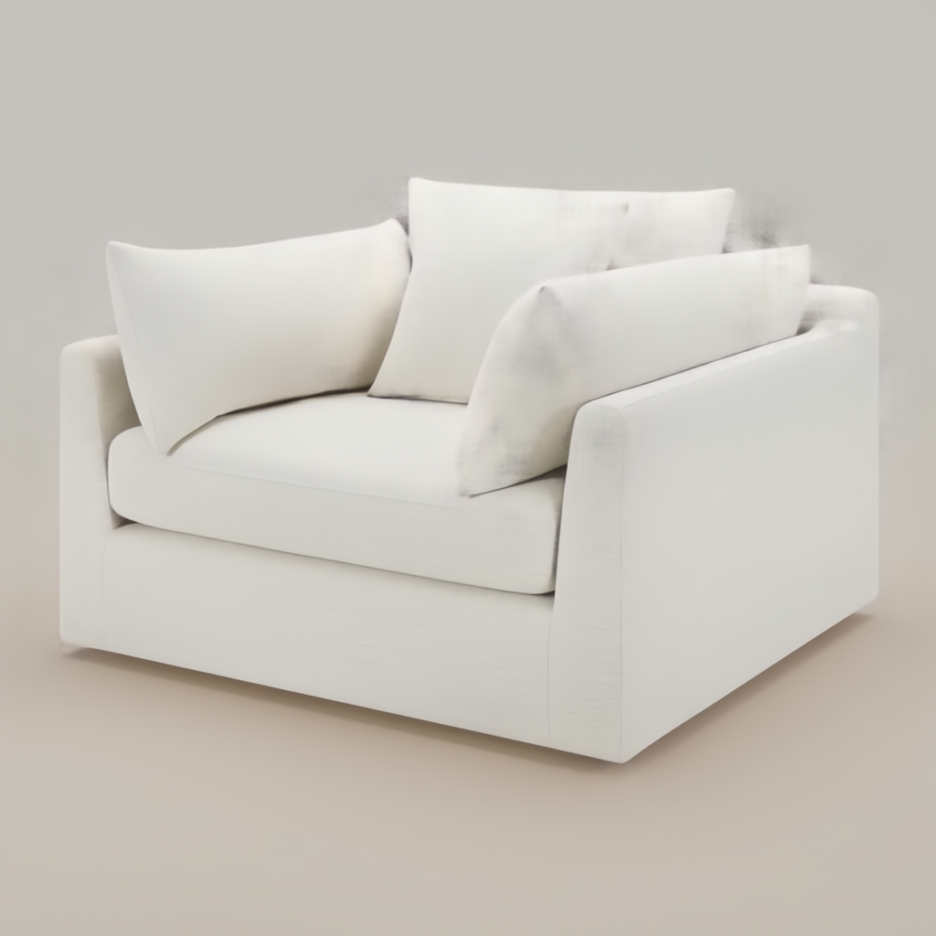Surya Capitola white polyester/linen accent chair with three pillows, clean relaxed design.