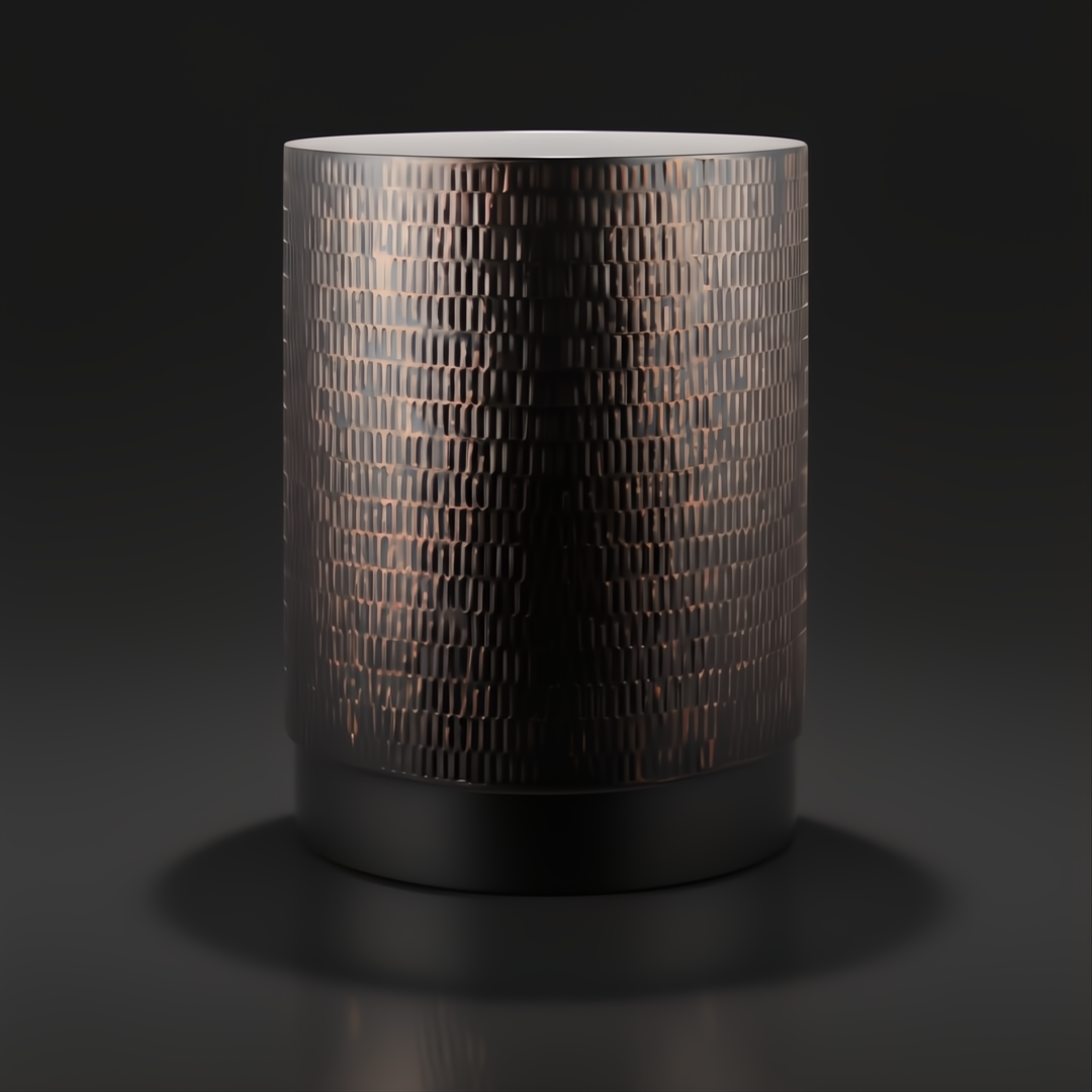 Surya Amenet round end table with gold hammered iron top and black base.
