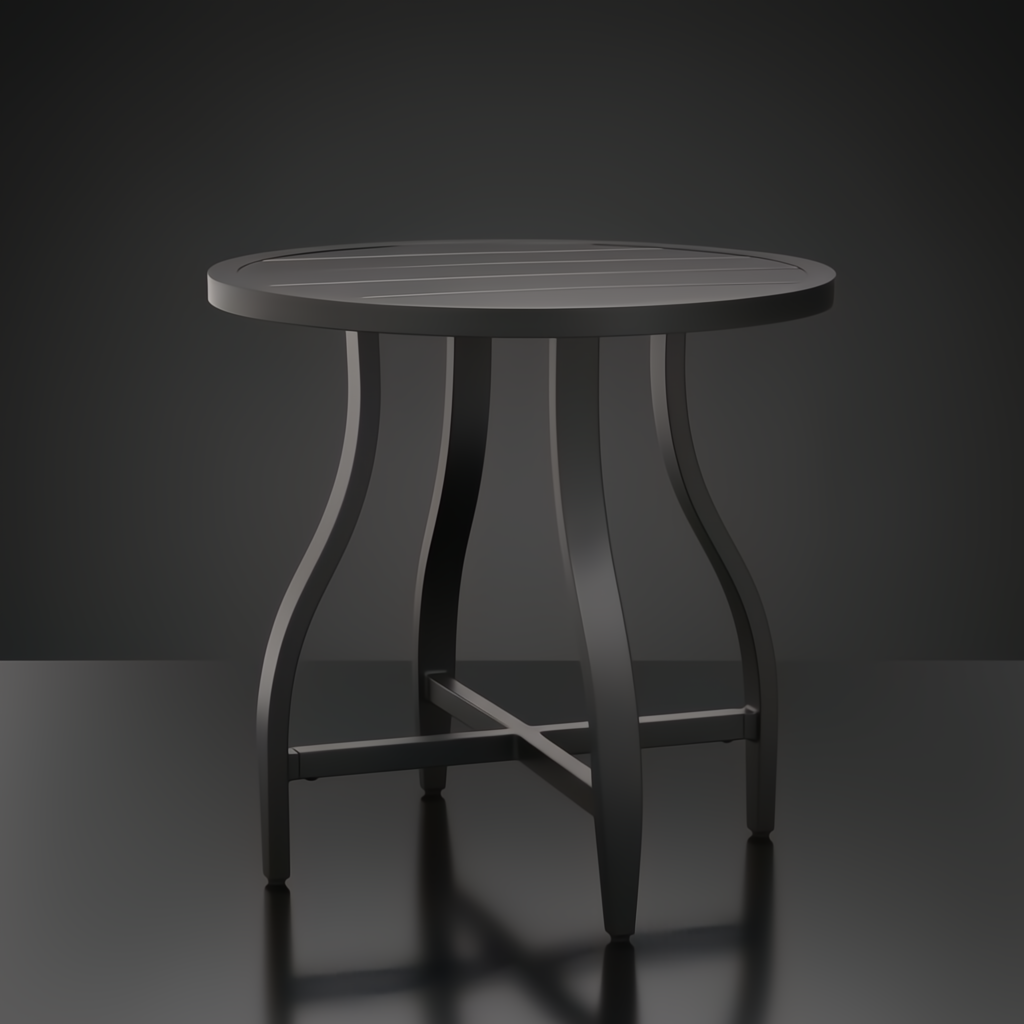 Black aluminum round outdoor end table with slatted top and curved legs.