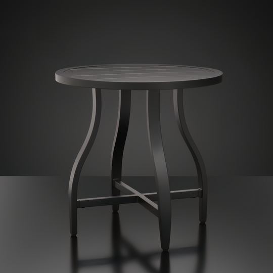 Black aluminum round outdoor end table with slatted top and curved legs.