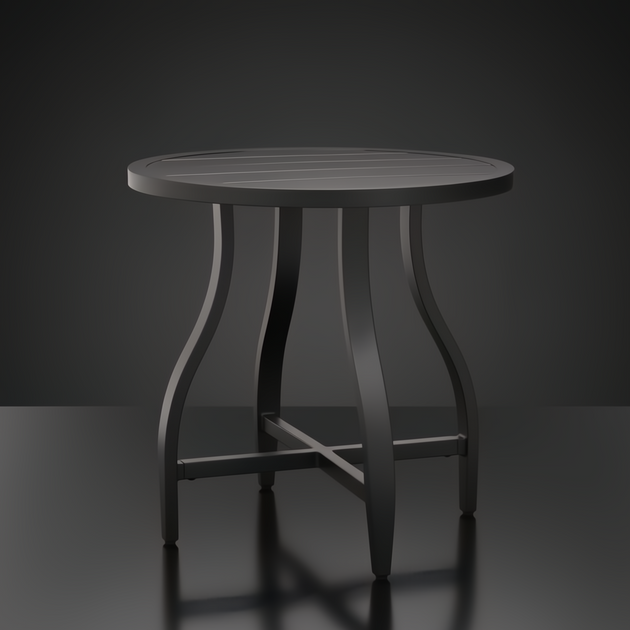 Black aluminum round outdoor end table with slatted top and curved legs.