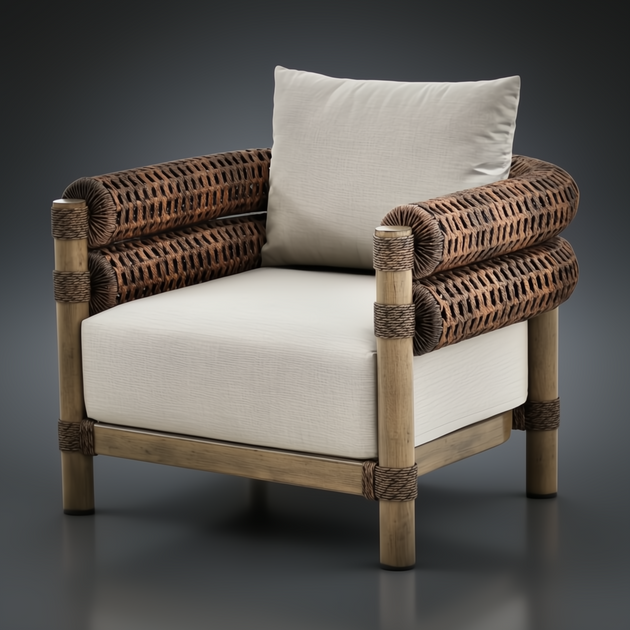 Surya Porta outdoor accent chair with brown wicker arms, light cushion, and wood-look frame.