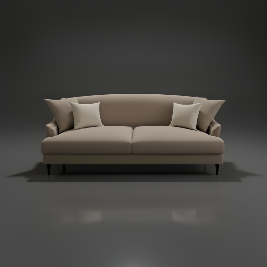 Surya Maywood Sofa: light brown polyester sofa with two light cushions, rubber wood base.