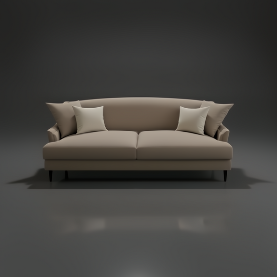 Surya Maywood Sofa: light brown polyester sofa with two light cushions, rubber wood base.