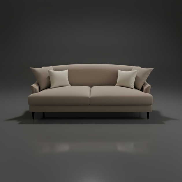 Surya Maywood Sofa: light brown polyester sofa with two light cushions, rubber wood base.